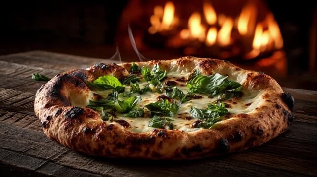 A pizza with basil leaves in front of a fireplace cheese food meal