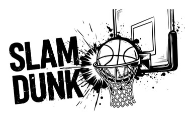 Dynamic monochrome basketball slam dunk illustration with ink splashes and typography © Katarzyna