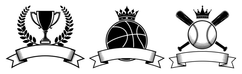 Naklejka premium Set of sports emblems with trophy basketball and baseball icons