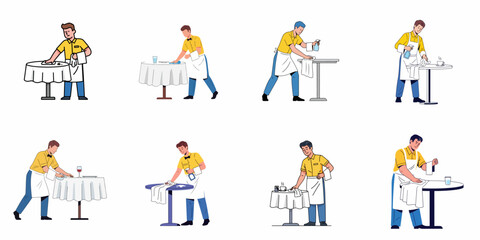 Fototapeta premium Waiter Cleaning and Preparing Restaurant Tables Set. Collection of Illustrations Showing Service Staff Maintaining Hygiene and Tidiness in a Cafe or Eatery.