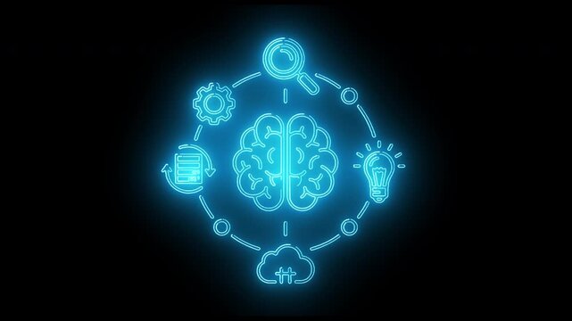 Glowing blue neon brain icon with interconnected symbols on a black background with a technological mood.