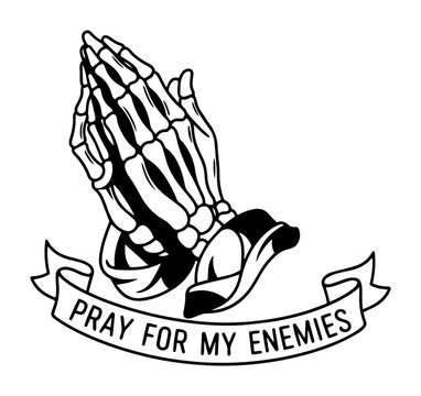 Vector illustration of skeleton praying hands with text ribbon banner