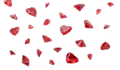 Falling red heart shaped diamond on white background