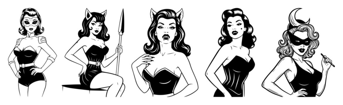 Row of sexy pin up girls wearing halloween and fantasy costumes