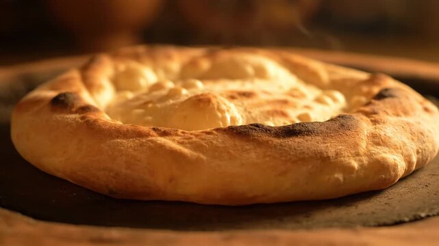 Timelapse of fresh pita bread baking and puffing up in a hot oven. Close up on the golden brown crust rising from the heat. Authentic artisanal bakery concept for culinary content
