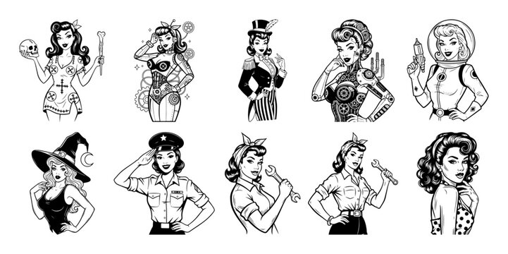 Collection of vintage pin up girls in various costumes and professions