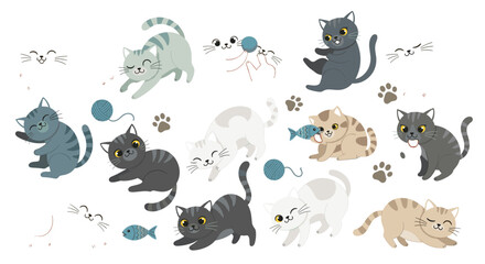Fototapeta premium Playful cute cats cartoon set with yarn balls, fish toys and paw prints, colorful kitten vector illustration collection