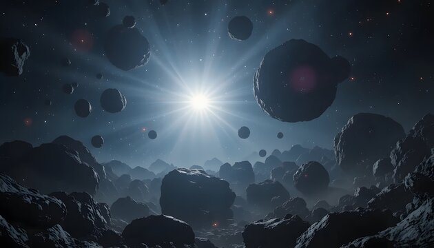 Radiant star shining through a dense asteroid field in the mysterious depths of space. astroid belt