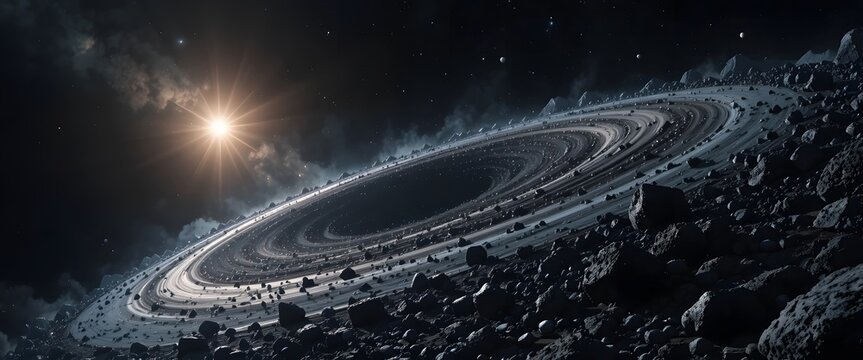 A radiant star illuminates the majestic and intricate rings of a celestial body in deep space. astroid belt