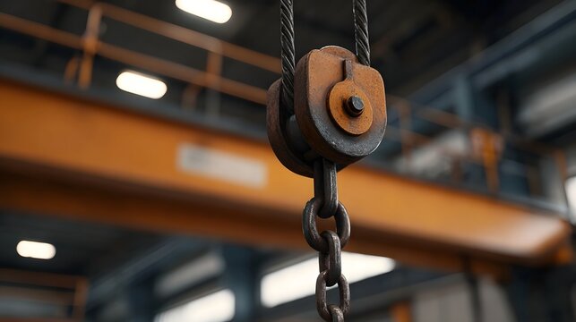 Close up of a rusty metal pulley and chain hanging in an industrial workshop with an overhead crane in the background