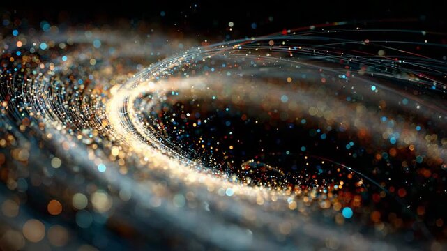 Abstract 3D rendering of a spiral with many loops and elliptical trails, glowing particle light trails with depth of field on a black background.