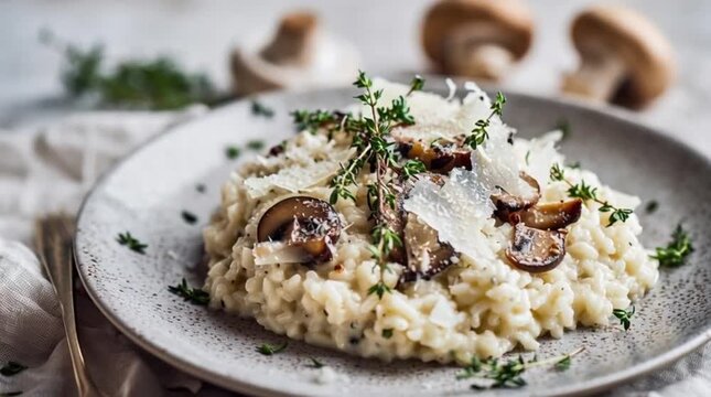 Close-up of mushroom risotto with thyme and parmesan mushrooms