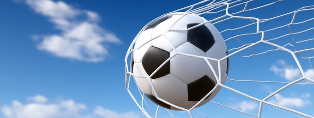 The soccer ball soars through the air, making a perfect strike as it hits the net. Spectators cheer loudly, enjoying the lively atmosphere of a sunny day game