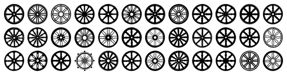 Large collection of vintage wooden wagon wheel icons and silhouettes © Katarzyna
