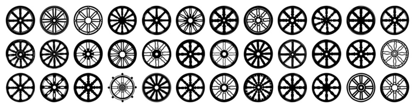 Large collection of vintage wooden wagon wheel icons and silhouettes