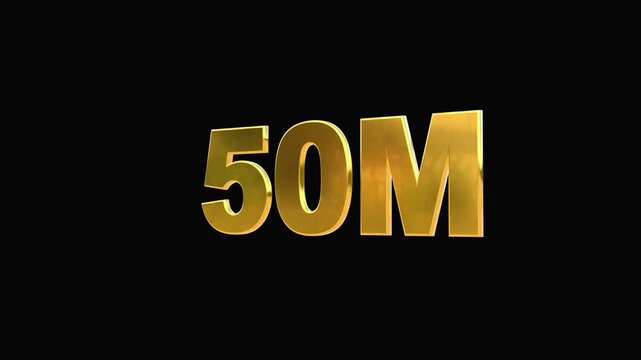 50M Followers Celebration 3d text animation on black background.  50M golden Text reveal animation.