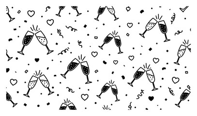 Seamless pattern of hand drawn clinking champagne glasses and confetti © Katarzyna
