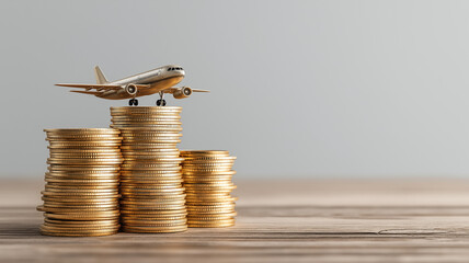 Passenger plane and hand with stacks of coins. Airline profits. Investments in the aviation industry. 