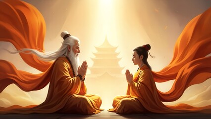 Elderly monk and young disciple meditating together in serene orange robes, facing pagoda, in peaceful environment, from a distant viewpoint.