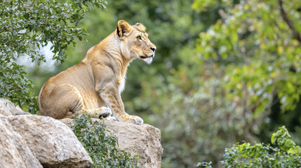 Majestic lioness with golden fur sits on rocky ledge, surrounded by lush green foliage, alert and focused, embodying strength and grace in natural habitat