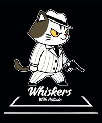Whiskers With Attitude Cat Mobster Mascot, Cartoon Kitten Gangster in Pinstripe Suit with Gun