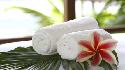 Two white rolled towels rest on green palm leaf with red and yellow tropical flower, creating relaxing spa atmosphere with natural light and blurred outdoor background