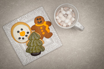 Winter Themed Cookies on a White Plate with Hot Chocolate on a  Marble Table