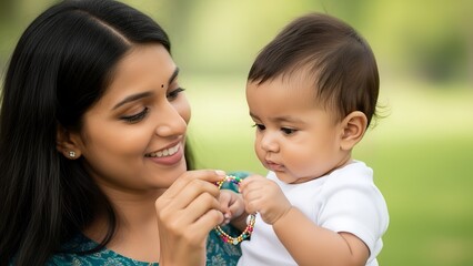 A smiling mother gently playing with her baby in a serene outdoor setting
