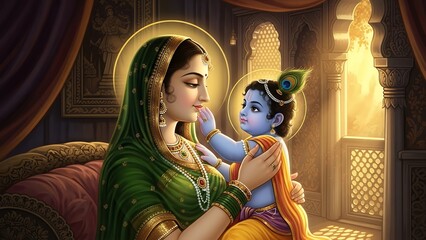 Mother holding child gently in a serene indoor setting with warm lighting and ornate decor