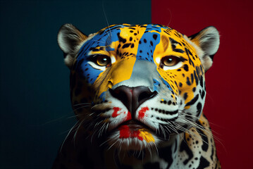 Obraz premium Vibrant leopard face with colorful abstract painting on its fur against a split colored background