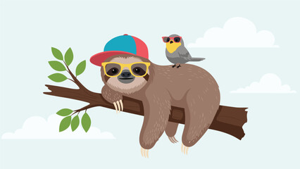 Fototapeta premium Lazy brown sloth wearing a colorful cap and yellow sunglasses resting on a tree branch with a small bird on its back.