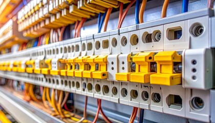 Organized electrical panel with orange wires and yellow circuit breakers in metal enclosure