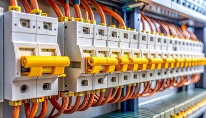 Organized electrical panel with orange wires and yellow circuit breakers in metal enclosure