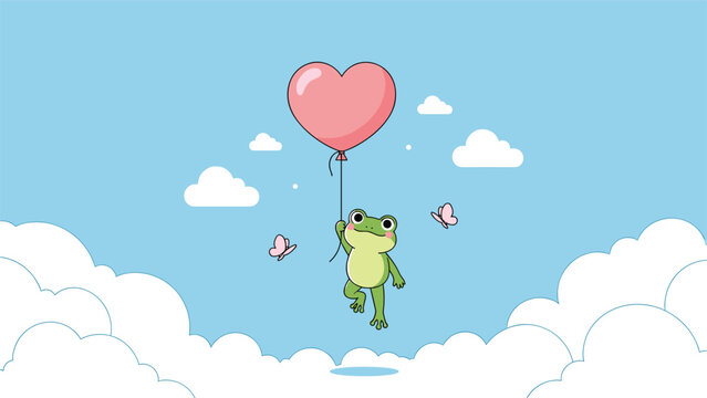 Happy little green frog floating high in a blue sky while holding onto a large pink heart-shaped balloon with butterflies.