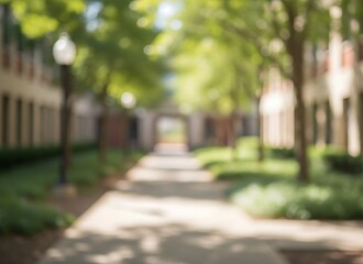 Blurred image of a pathway in a park with trees and buildings