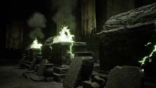 Mysterious crypt with glowing cracks and tombs in dark architecture, ancient relics and ominous atmosphere.