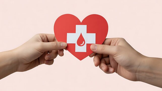 Two hands hold a red heart symbol with a blood drop icon representing blood donation