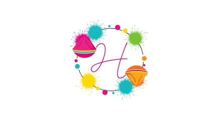 Colorful holi festival logo with letter h vibrant pink orange green blue and yellow hues abstract design elements