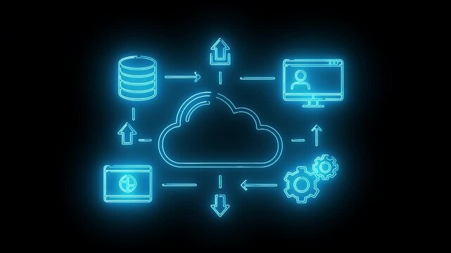 Neon-lit cloud computing concept with icons on a black background.
