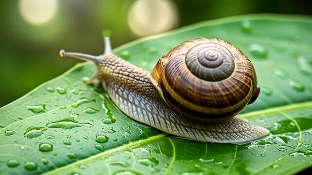 Snail Crawling on Wet Leaf in Garden After Rain.