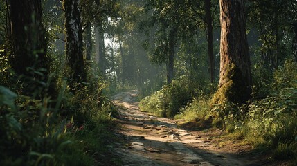 Obraz premium An Old Road Pathway Through the Green Forest