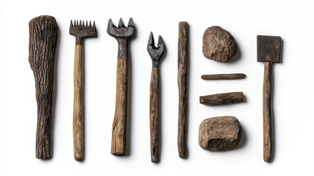 Primitive tool wooden handle stone tool ancient tool prehistoric tool hand tool rough texture old tool archaeology history Primitive tools with wooden handles and stone heads arranged white
