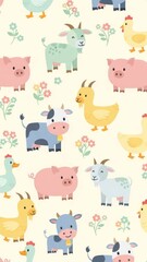 Obraz premium Cute Farm Animals Seamless Pattern With Flowers and Pastel Background.jpg