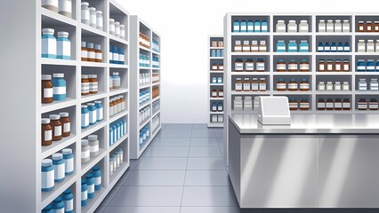 Obraz premium Pharmacy interior with organized shelves of medicine bottles and a sleek checkout counter, bright modern 3D render