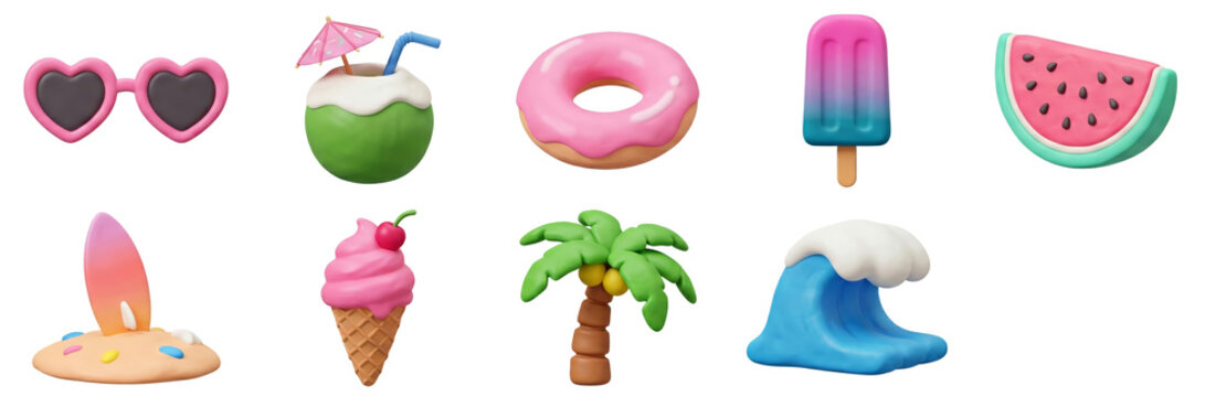 Summer Vacation Icons: Sunglasses, Coconut Drink, Donut, Popsicle, Surfboard, Ice Cream