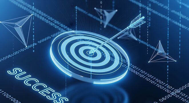 Digital technology concept visualizing strategic business success and precise goal achievement through an arrow hitting the bullseye on a glowing data-driven target