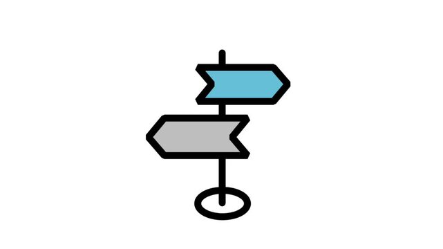Animated wooden directional signpost with two arrows pointing opposite ways for choices and travel themes.