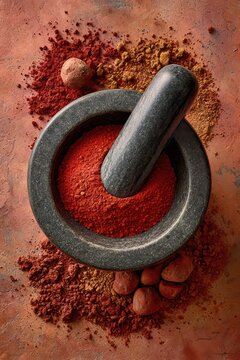 Granite mortar and pestle with red powder pigment on textured surface for traditional grinding and cooking