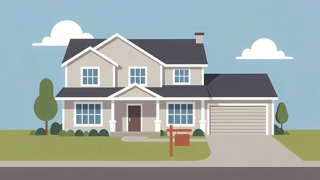 Cheerful suburban two story house illustration in flat vector style with front yard and garage