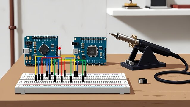 Photo of electronics lab with microcontroller boards on a breadboard and a soldering iron on a workbench